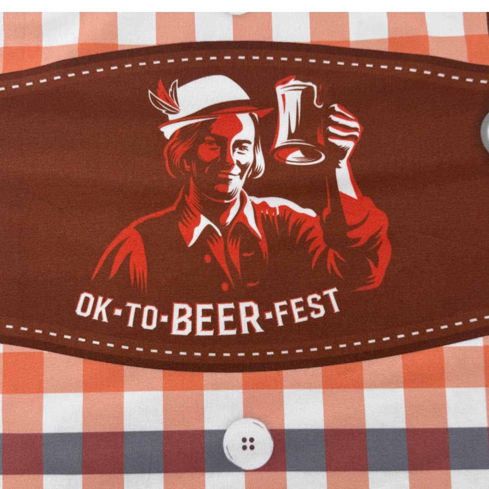 Samuel Adams Mens XL Oktoberfest Lederhosen Graphic T-Shirt Orange Brown Beer - Picture 3 of 5